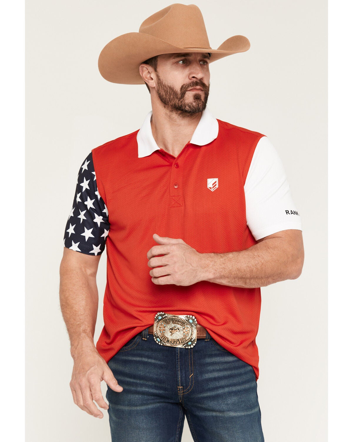 Image #1 - RANK 45&reg; Men's Americana Block Short Sleeve Button-Down Polo, Red, hi-res
