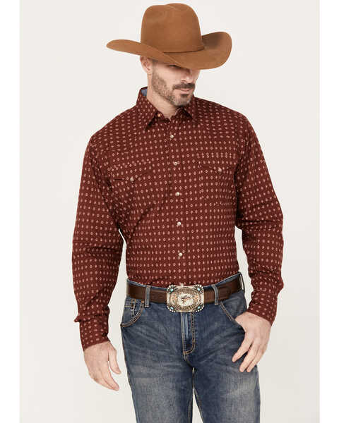 Roper Men's Geo Long Sleeve Western Pearl Snap Shirt, Red, hi-res