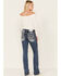 Image #1 - Miss Me Women's Medium Wash Mid Rise Embroidered Stone & Sequin Bootcut Jeans, Dark Blue, hi-res