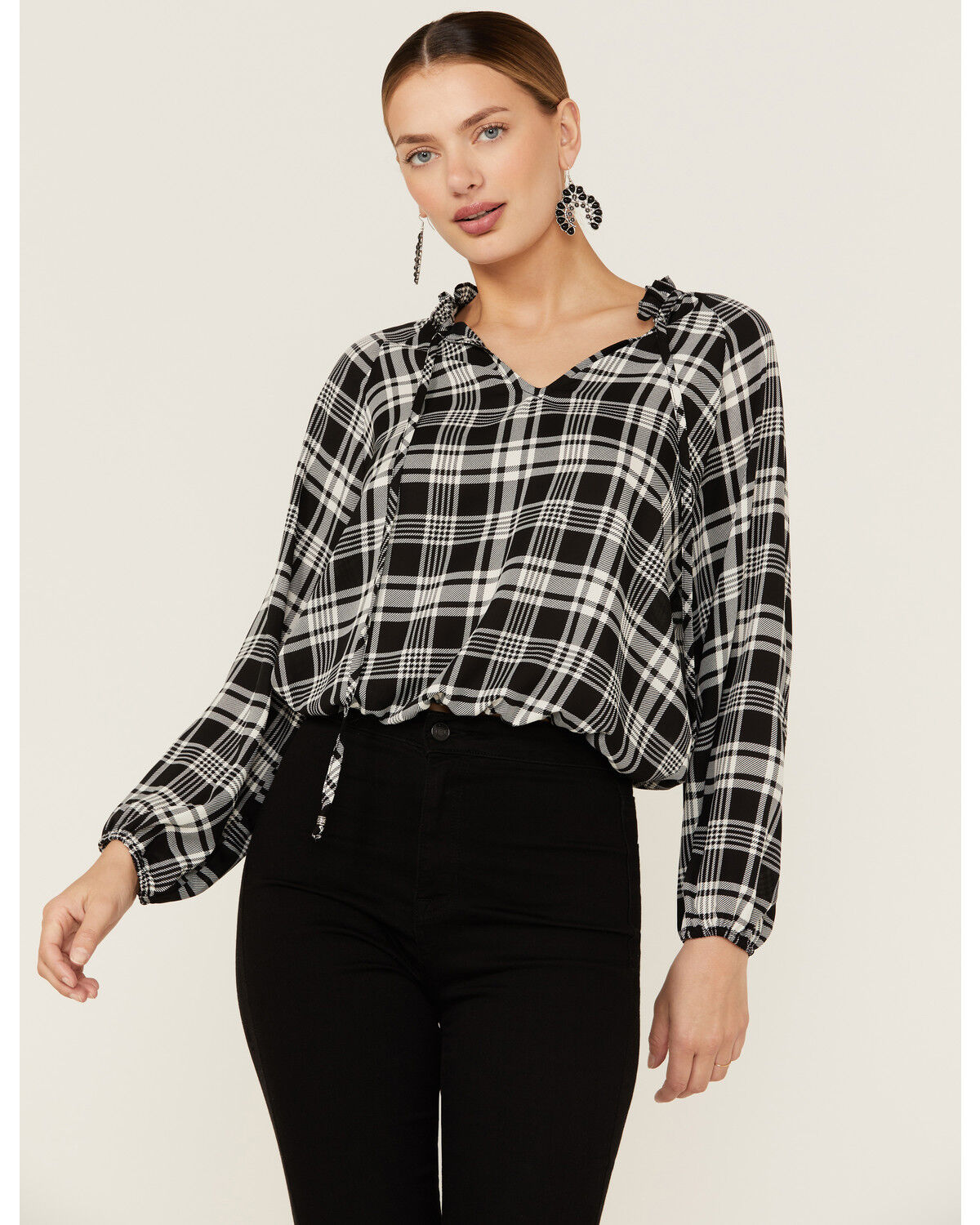 Image #1 - Wild Moss Women's Long Sleeve Tie Neck Peasant Blouse, Black, hi-res