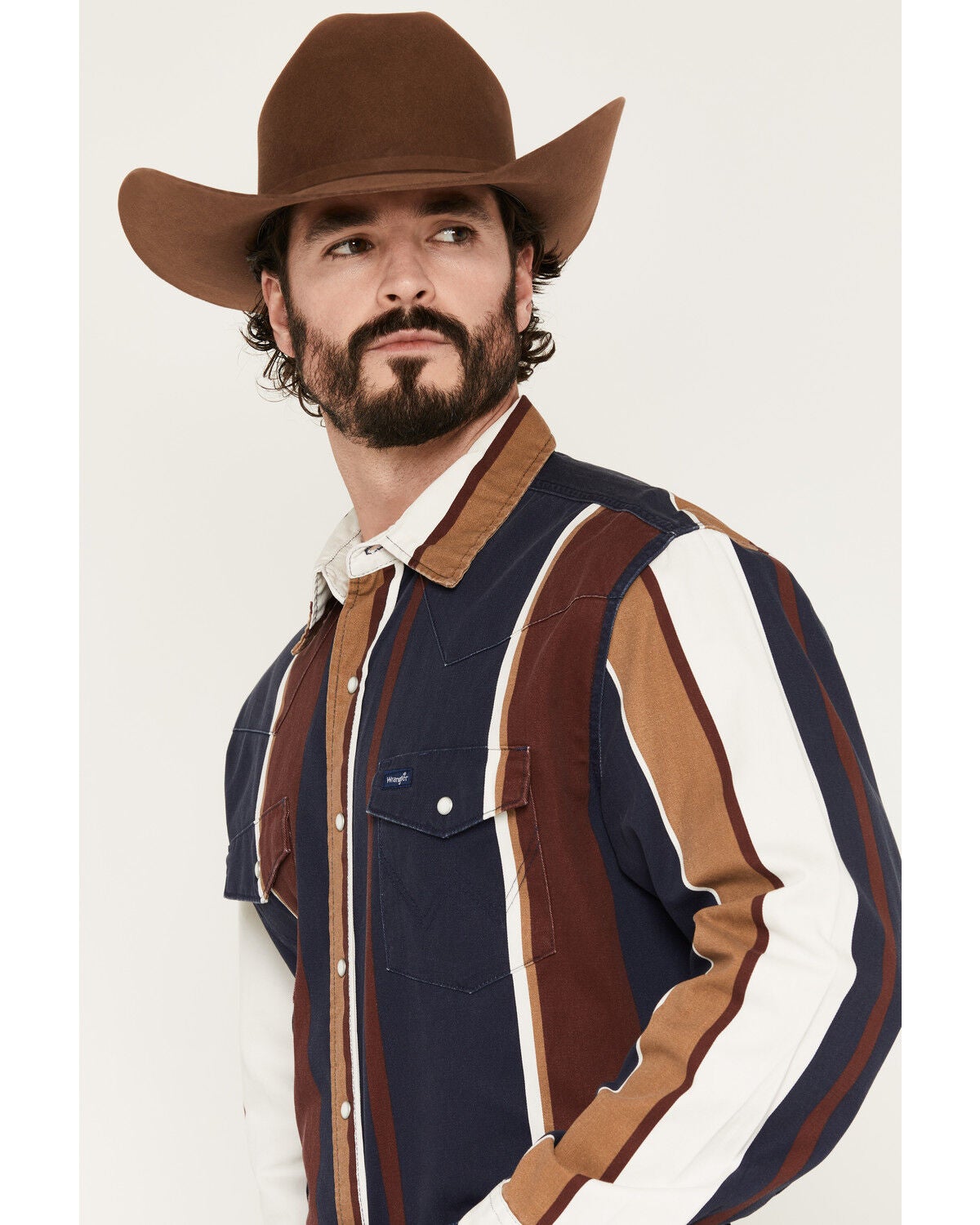 Image #2 - Wrangler Men's Vintage Brushpopper Striped Print Long Sleeve Snap Western Shirt, Navy, hi-res