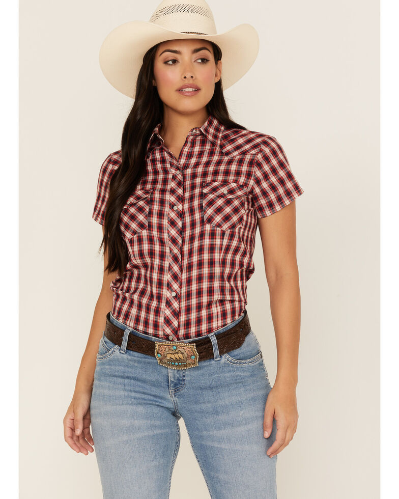 Roper Women's Plaid Print Short Sleeve Snap Western Shirt, Red, hi-res