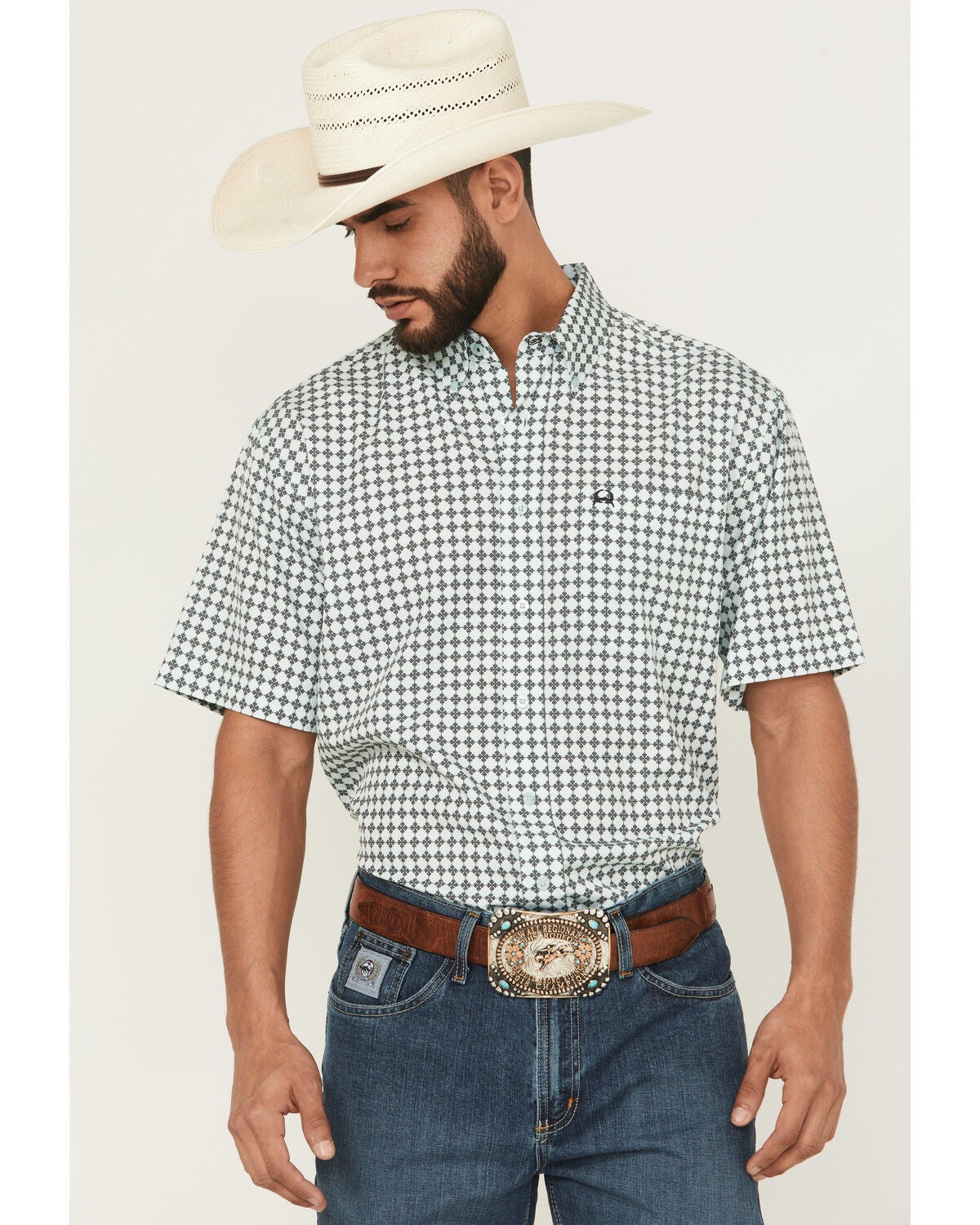 Cinch Men's Geo Print Arenaflex Short Sleeve Button-Down Performance Stretch Western Shirt, Mint, hi-res