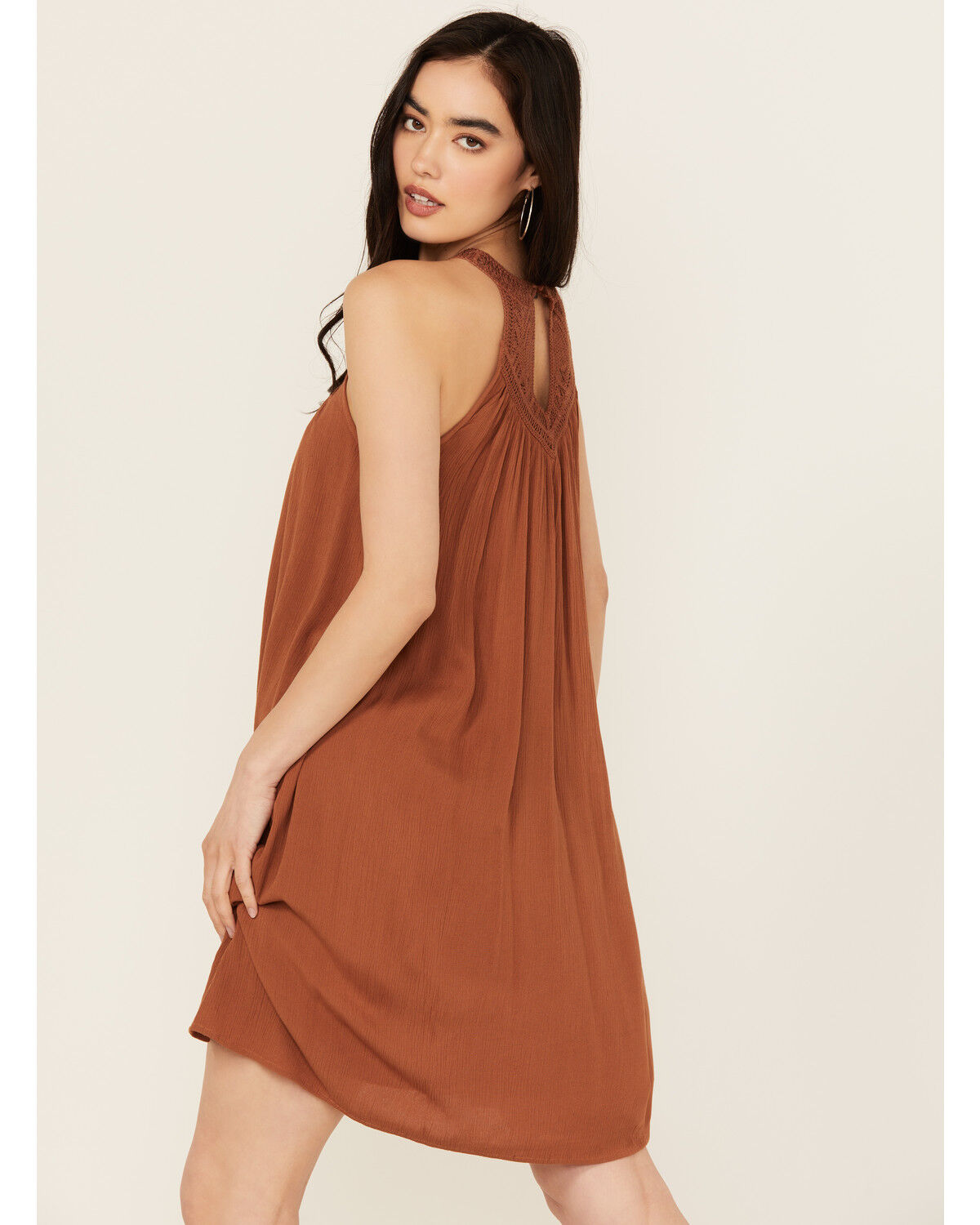 Image #4 - Shyanne Women's Crochet Yoke Crinkle Mini Dress, Caramel, hi-res