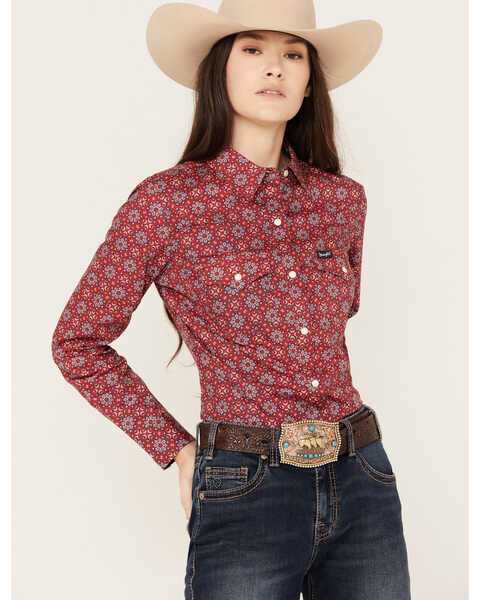 Image #1 - Wrangler Women's Floral Long Sleeve Snap Western Shirt, Burgundy, hi-res