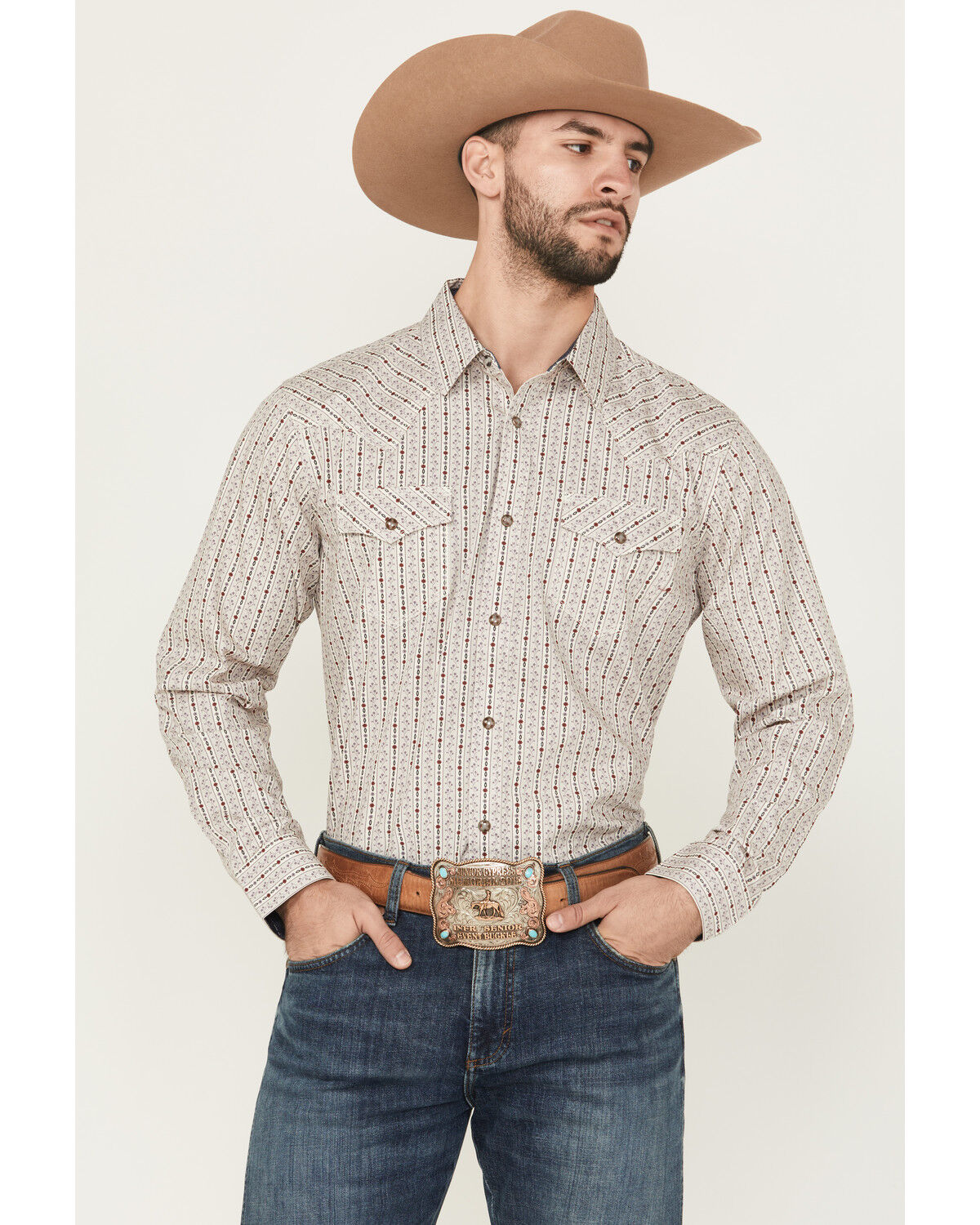Image #1 - Moonshine Spirit Men's Trench Town Striped Long Sleeve Snap Western Shirt, Purple, hi-res