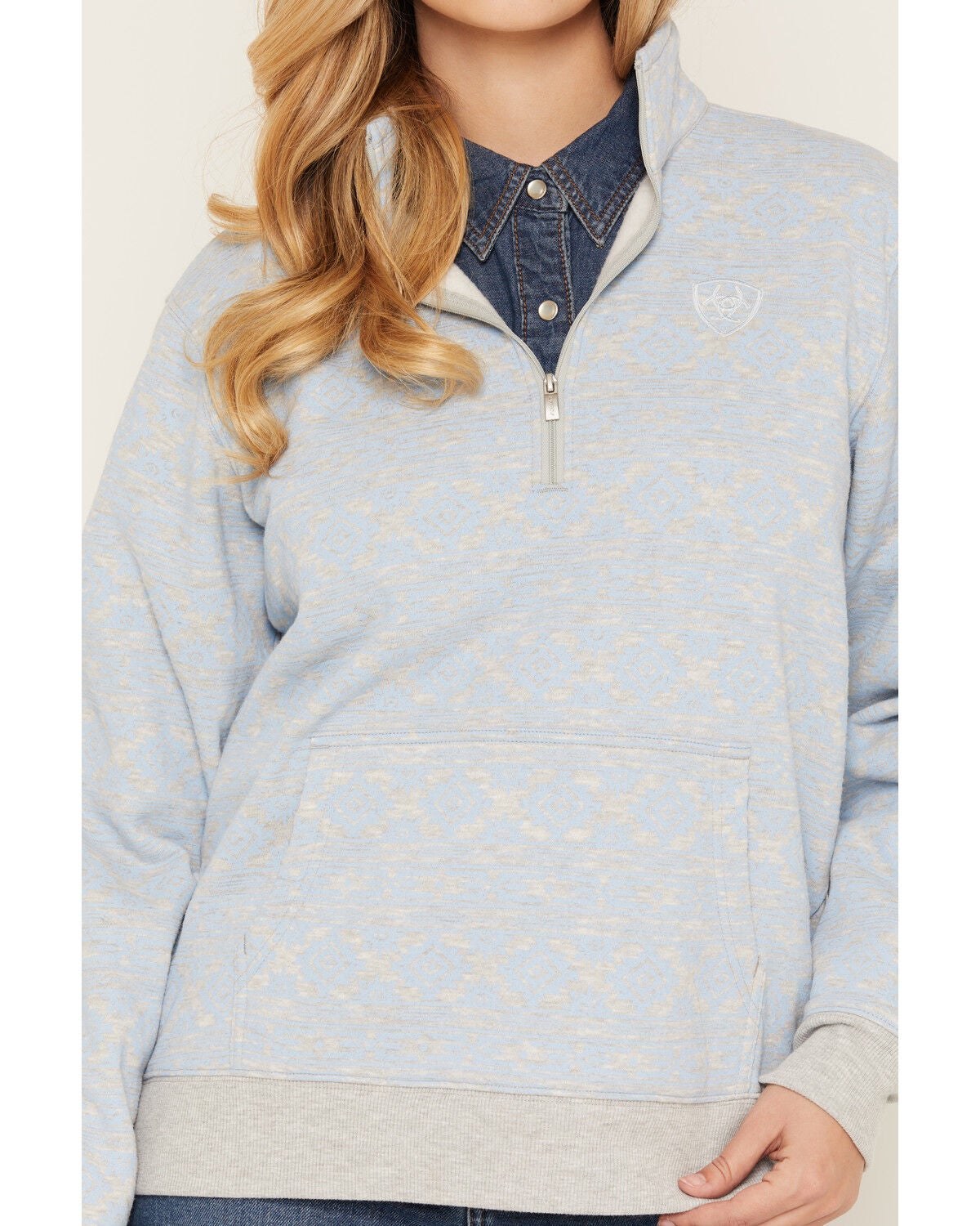 Image #3 - Ariat Women's Boot Barn Exclusive Southwestern Print 1/4 Zip Pullover, Blue, hi-res