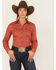 Image #1 - Cinch Women's Striped Geo Print Long Sleeve Button Down Shirt, Orange, hi-res