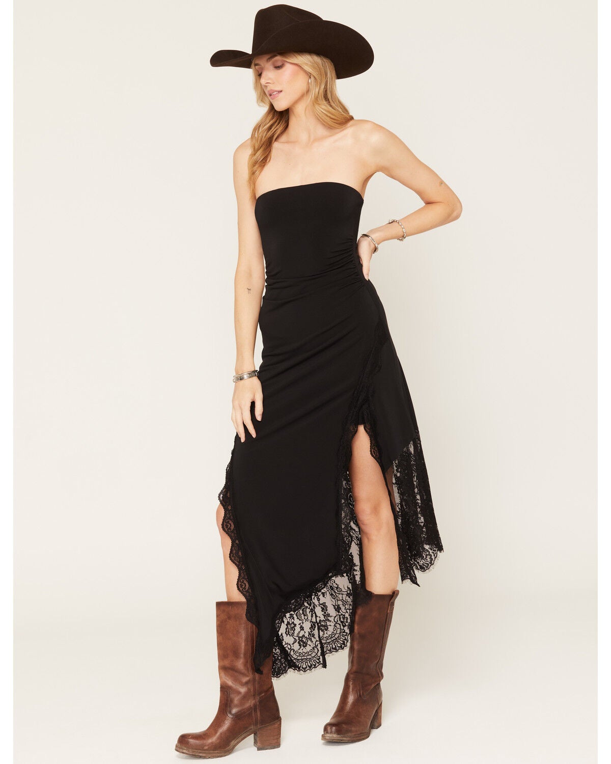 Image #1 - Cleo + Wolf Women's Asymmetrical Double Slit Lace Tube Midi Dress, Black, hi-res