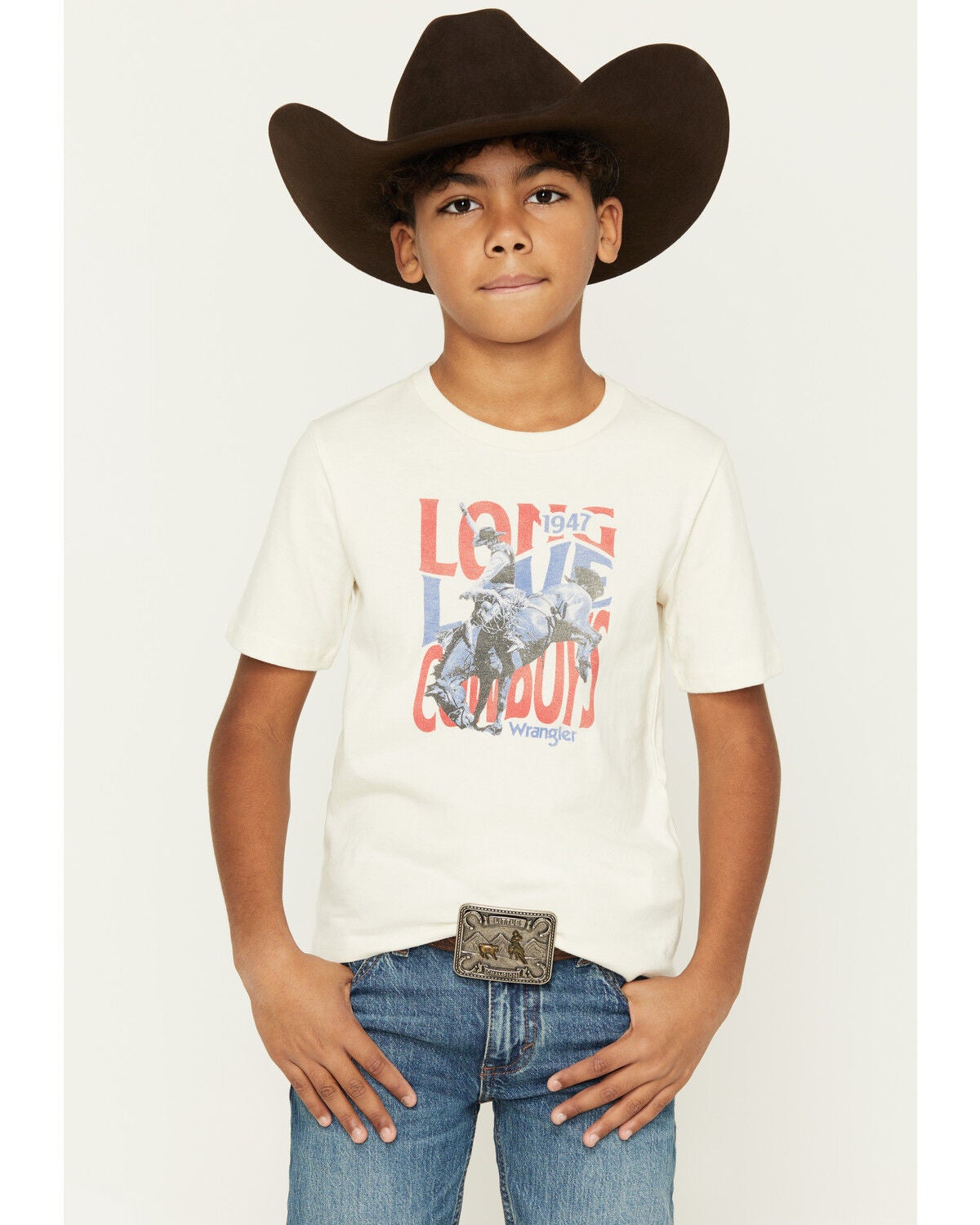 Wrangler Boys' Long Live Cowboys Short Sleeve Graphic T-Shirt, White, hi-res