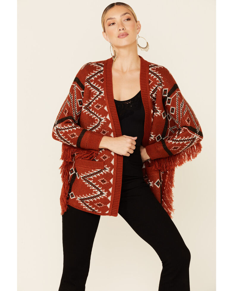 Shyanne Women's Caramel Southwestern Print Fringe Open Front Cardigan , Camel, hi-res