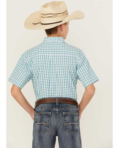 Image #4 - Panhandle Boys' Plaid Print Short Sleeve Button-Down Western Shirt , Aqua, hi-res