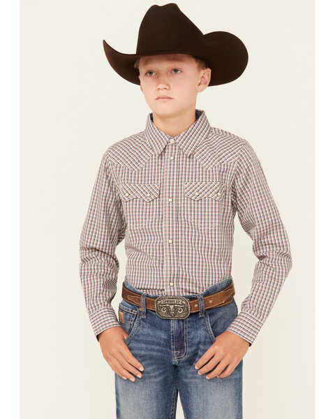 Cody James Boys' Rowdy Plaid Print Long Sleeve Snap Western Shirt , Tan, hi-res