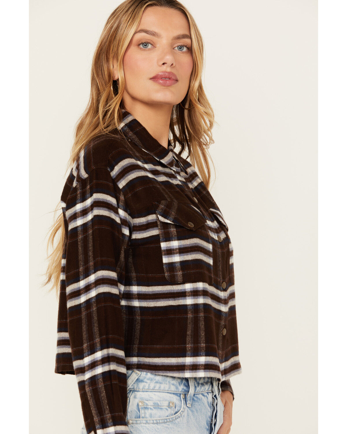 Image #2 - Cleo + Wolf Women's Cropped Plaid Print Flannel Shirt, Chocolate, hi-res