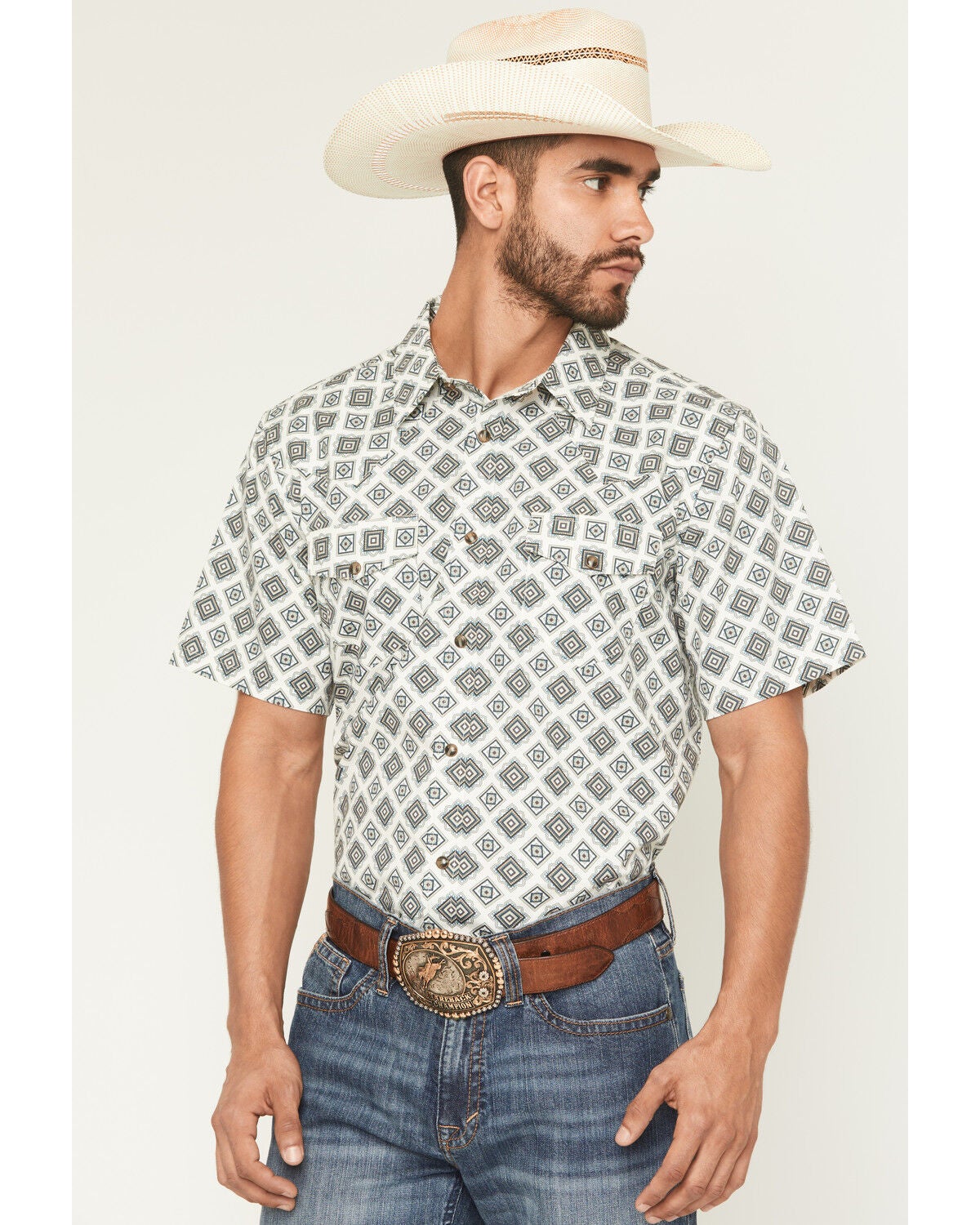 Image #1 - Gibson Trading Co Men's Time Warp Medallion Print Short Sleeve Snap Western Shirt, Ivory, hi-res