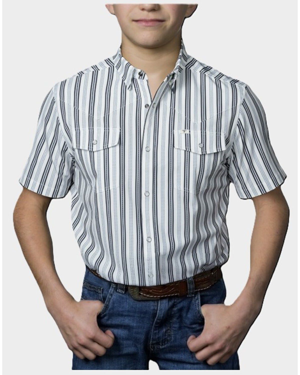 Ferrell Boys' Jake Tek Striped Print Short Sleeve Snap Performance Western Shirt, White, hi-res
