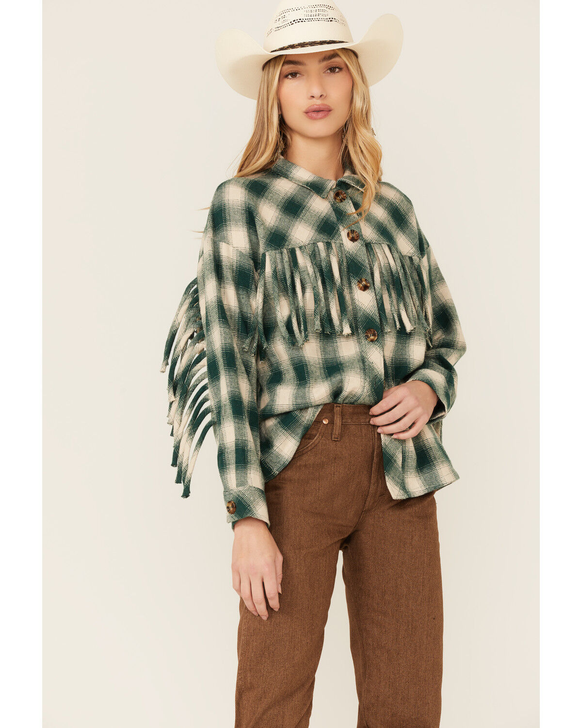 Image #1 - Entro Women's Green Plaid Fringe Yoke Shacket, Green, hi-res