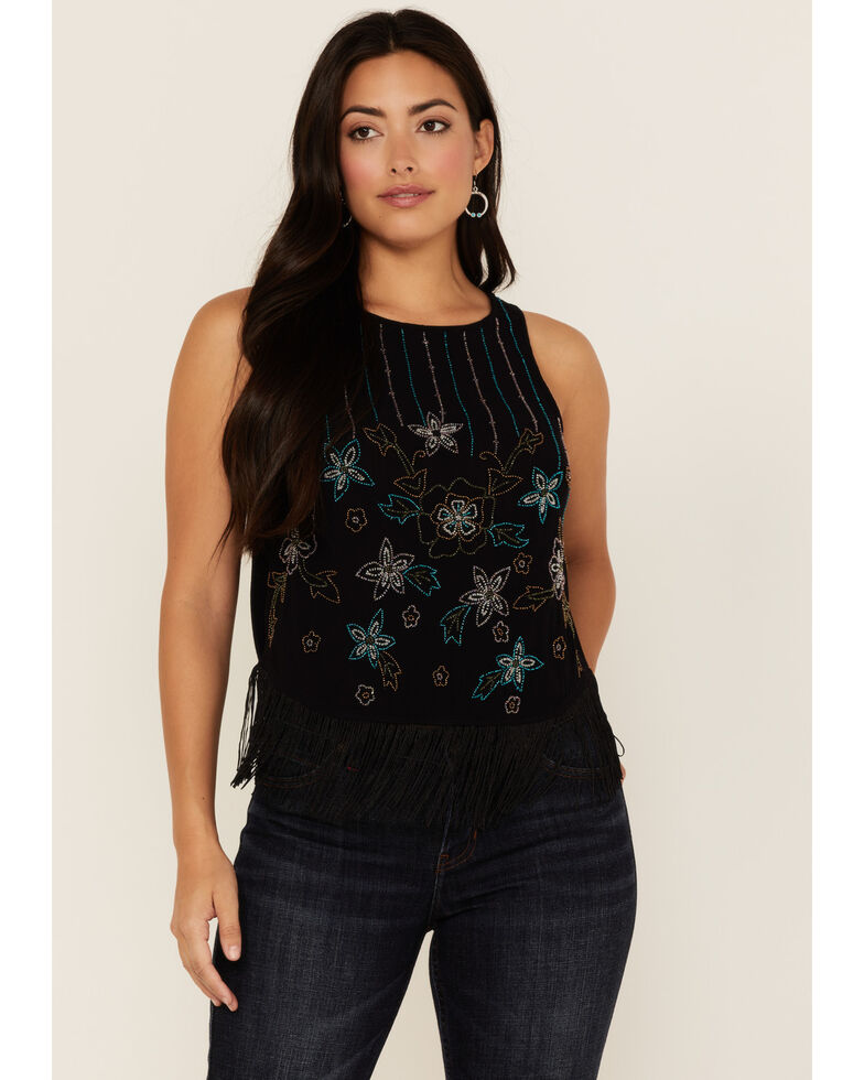 Idyllwind Women's Cameo Beaded Fringe Tank Top, Black, hi-res