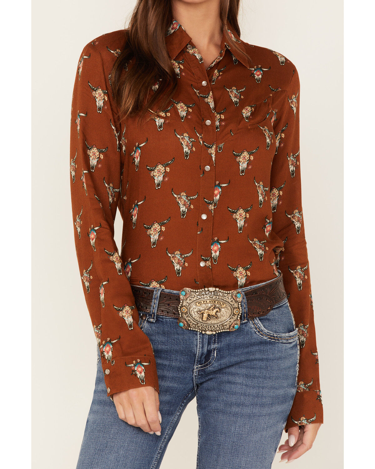 Image #3 - Roper Women's Steer Head Skull Print Long Sleeve Pearl Snap Western Shirt, Brown, hi-res