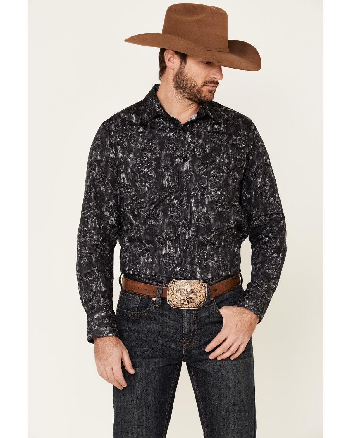 Rock & Roll Denim Men's Floral Print Long Sleeve Western Shirt, Charcoal, hi-res