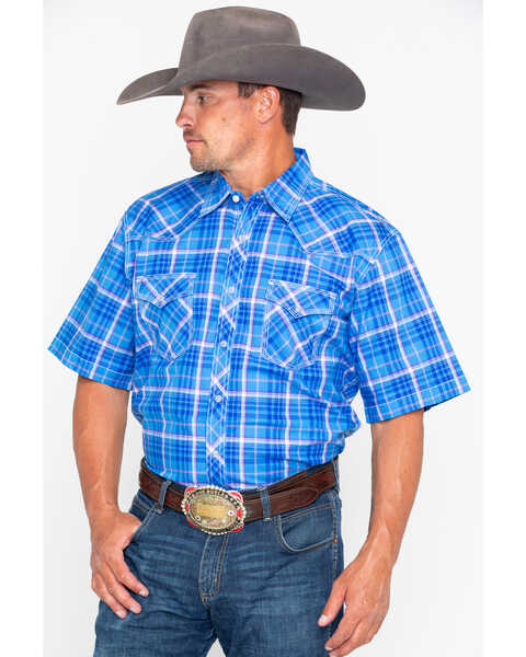 Image #1 - Wrangler 20X Men's Competition Advanced Comfort Plaid Print Short Sleeve Western Shirt , Blue, hi-res