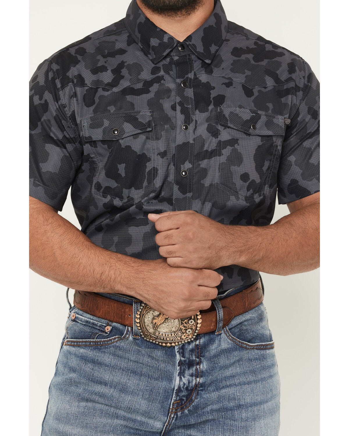 Image #3 - Rock & Roll Denim Men's Tek Camo Print Short Sleeve Snap Stretch Western Shirt, Black, hi-res