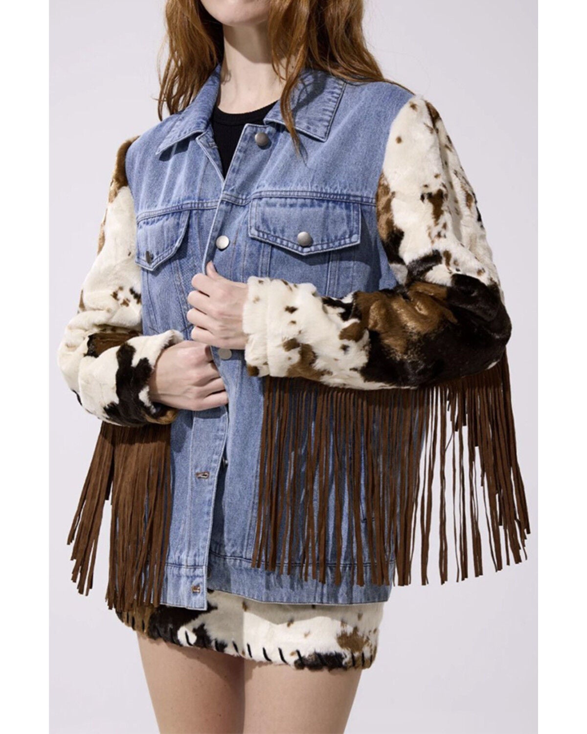 Image #1 - Azalea Wang Women's Cow Print Fringe Button-Down Denim Jacket, Multi, hi-res