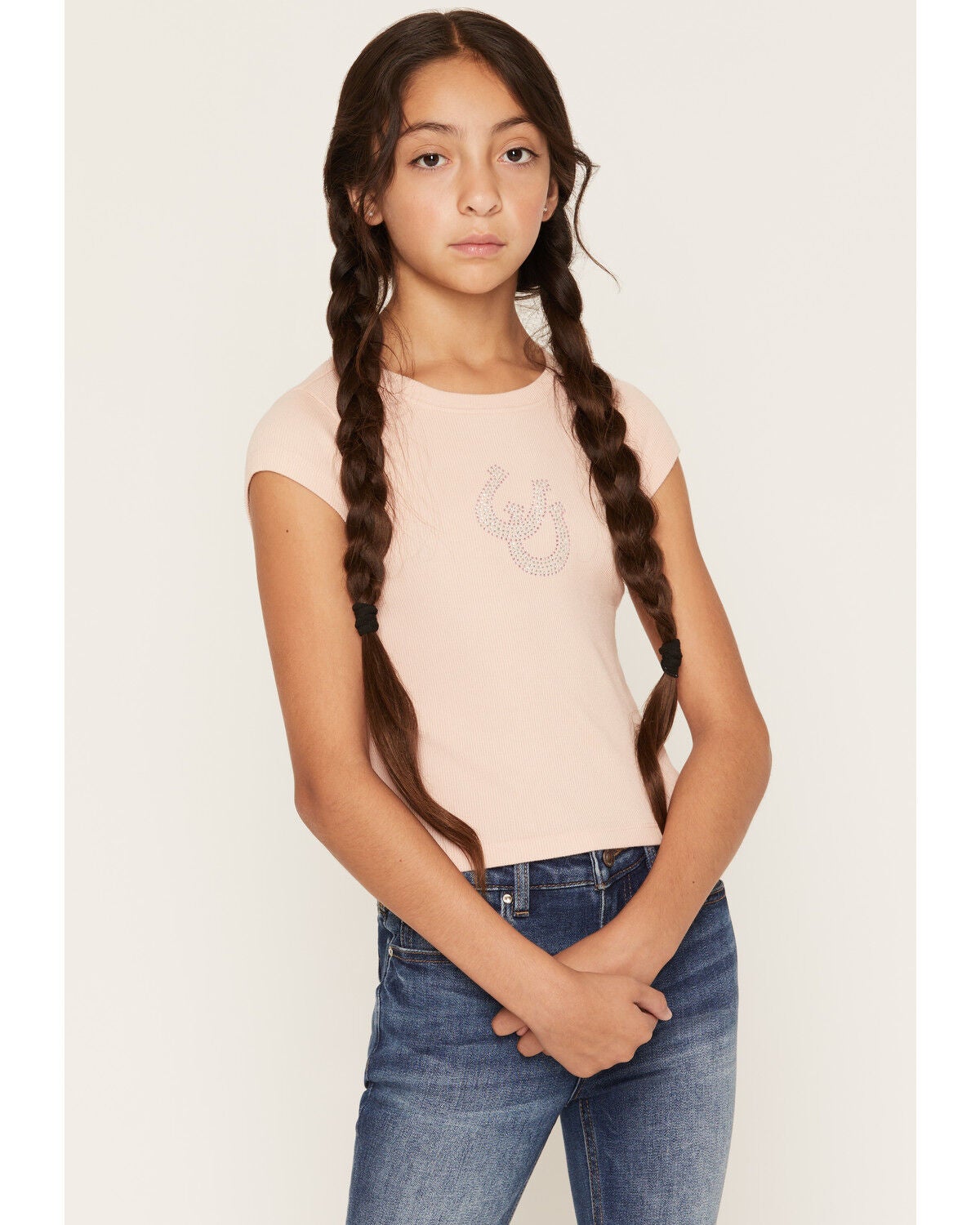 Shyanne Girls' Rhinestone Horseshoe Short Sleeve Tee, Blush, hi-res