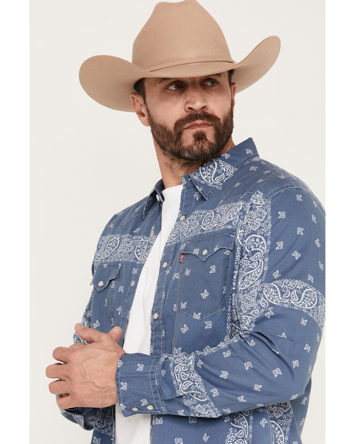 Image #2 - Levi's Men's Azad Paisley Print Long Sleeve Pearl Snap Western Shirt, Medium Blue, hi-res