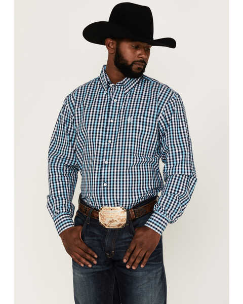 Image #1 - Panhandle Select Men's Check Plaid Print Long Sleeve Button Down Western Shirt , Blue, hi-res