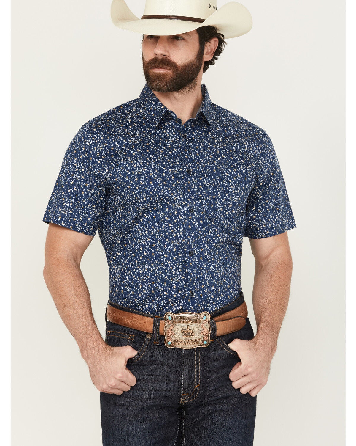 Cody James Men's Vanguard Floral Print Short Sleeve Button-Down Stretch Western Shirt, Navy, hi-res