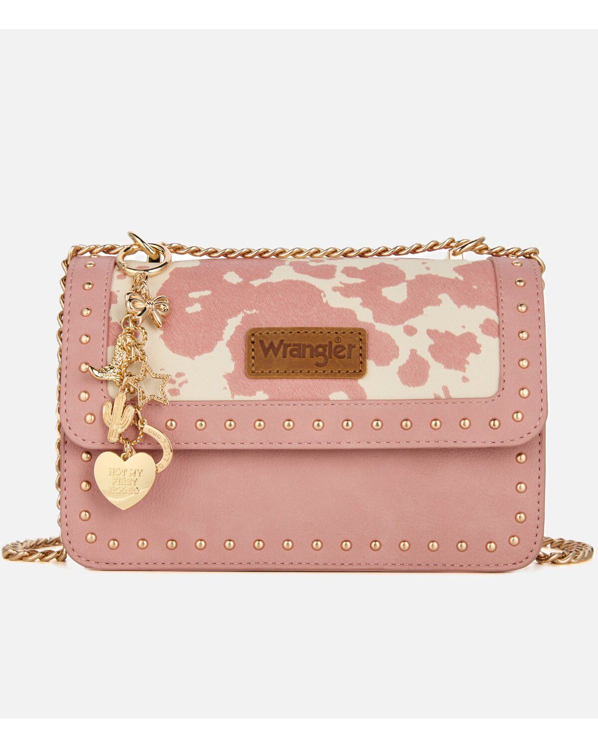 Wrangler X Boot Barn Women's Cow Print Shoulder Bag with Charm, Pink, hi-res