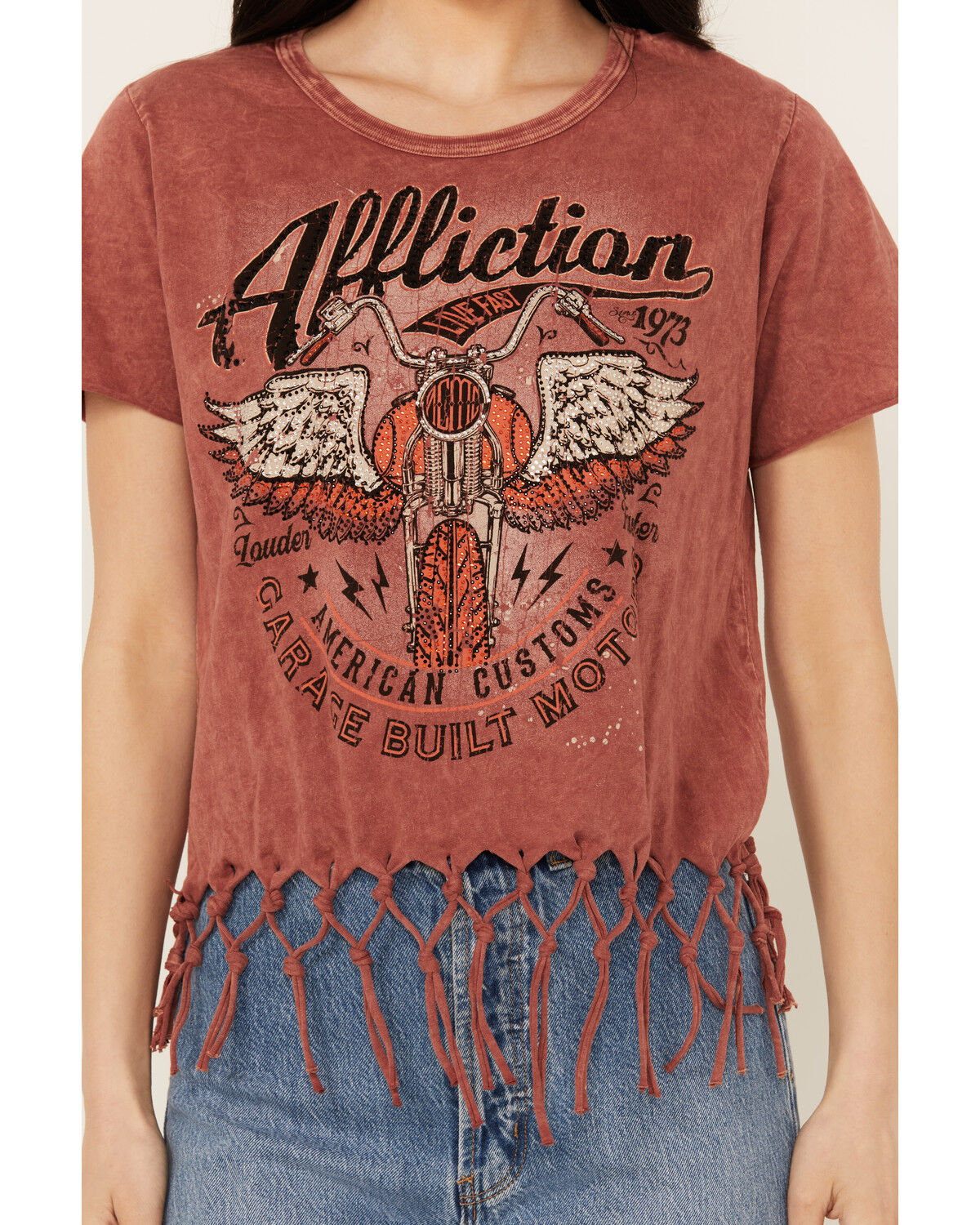 Image #3 - Affliction Women's Moto Fringe Short Sleeve Graphic Tee, Rust Copper, hi-res
