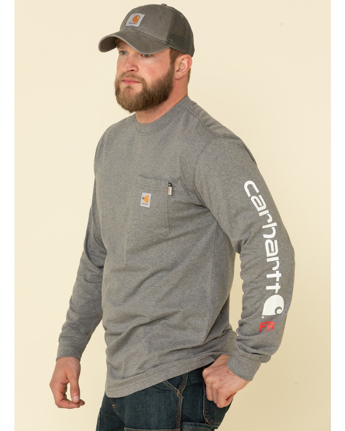 Carhartt Men's M-FR Midweight Signature Logo Long Sleeve Work Shirt - Big, Grey, hi-res