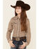 Roper Girls' Floral Print Long Sleeve Pearl Snap Western Shirt , Brown, hi-res
