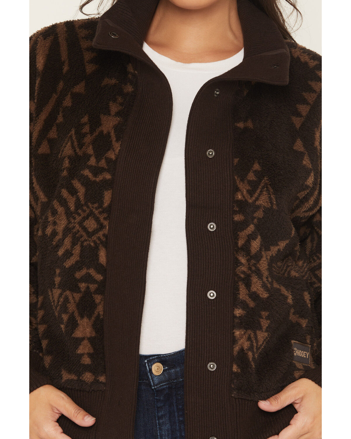 Image #3 - Hooey Women's Southwestern Print Sherpa Lined Snap Sweater, Brown, hi-res
