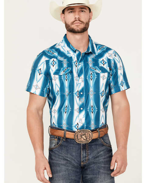Rock & Roll Denim Men's Southwestern Print Short Sleeve Performance Snap Western Shirt, Turquoise, hi-res