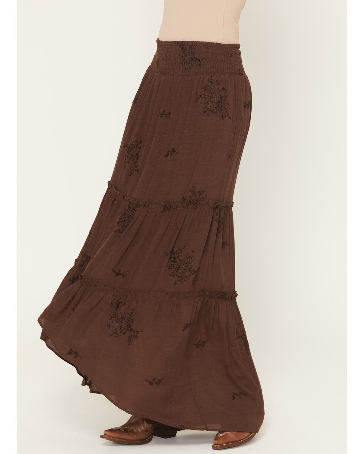 Image #2 - Wild Moss Women's Embroidered Ruffle Midi Skirt, Brown, hi-res