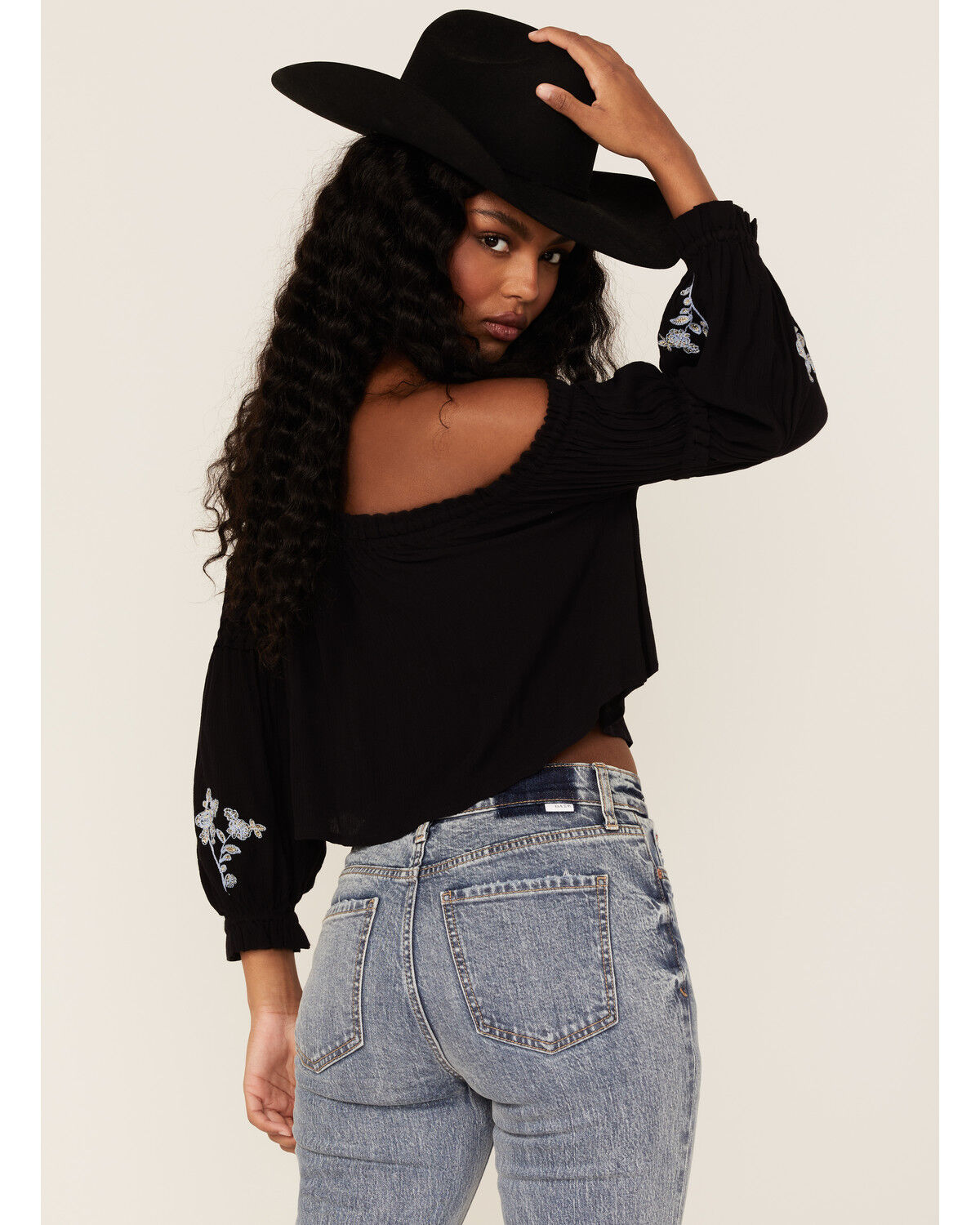 Image #4 - Shyanne Women's Floral Embroidered Off-Shoulder Crop Top, Black, hi-res