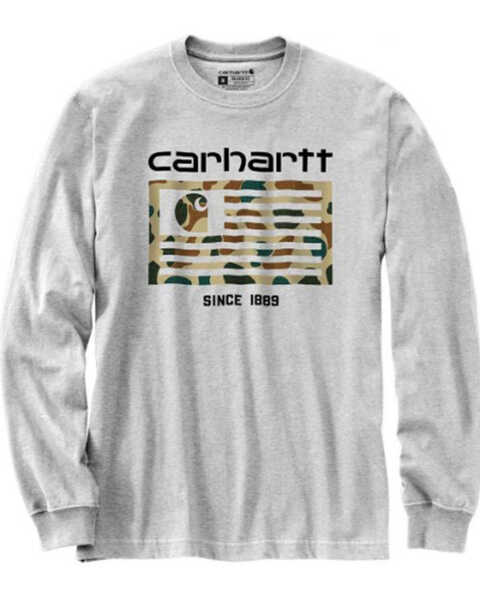Carhartt Men's Camo Print Logo Flag Graphic Relaxed Fit Midweight Long Sleeve T-Shirt, Heather Grey, hi-res