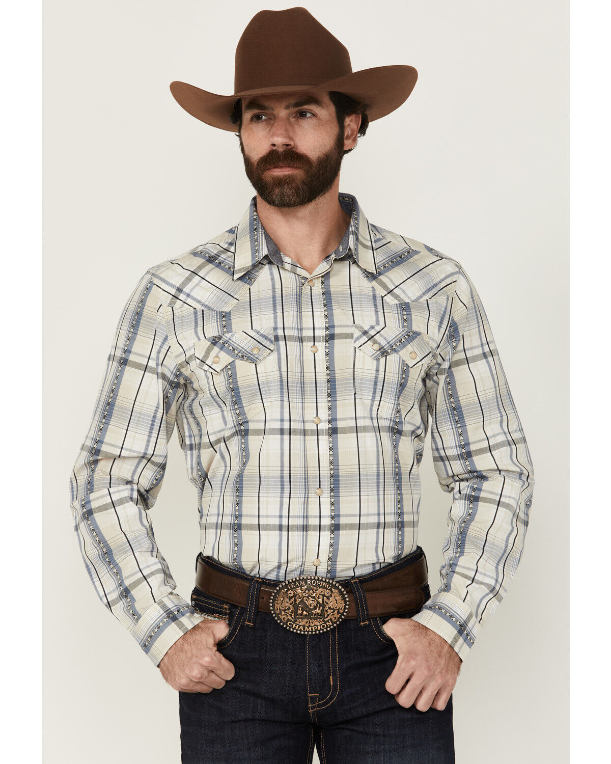 Image #1 - Cody James Men's Western Wind Plaid Print Long Sleeve Snap Western Shirt, Cream, hi-res
