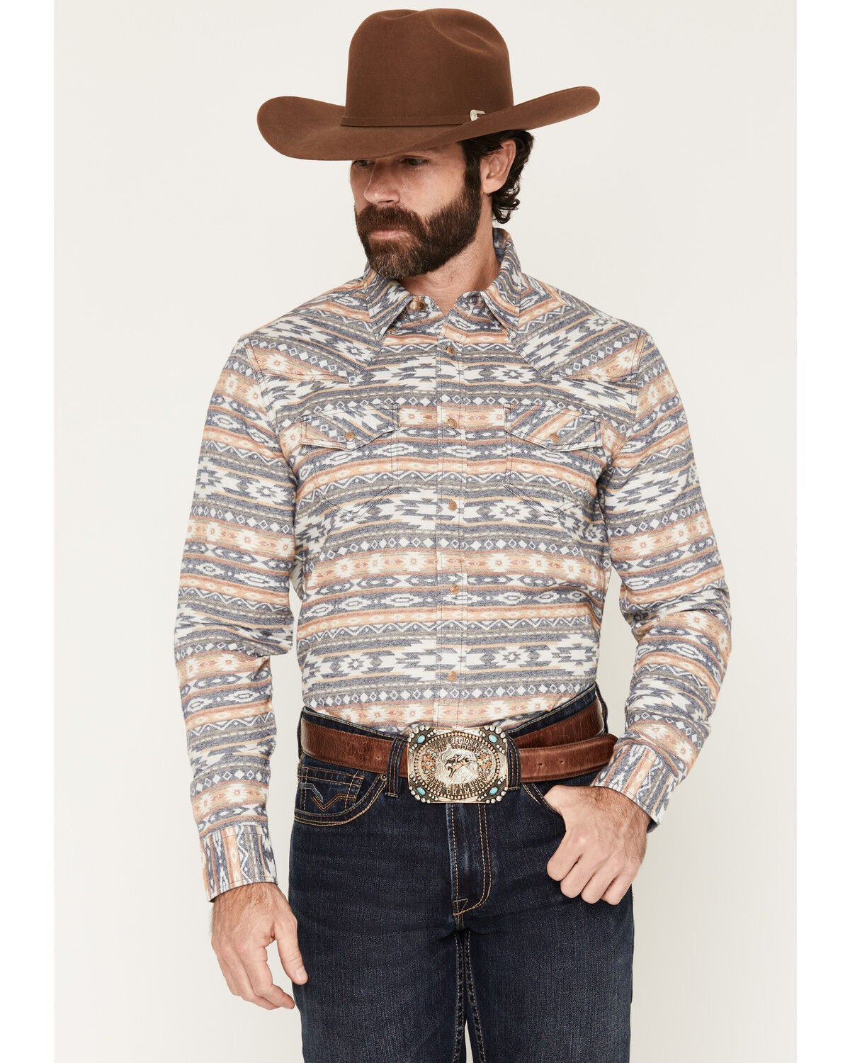 Image #1 - Cody James Men's Trading Post Southwestern Striped Long Sleeve Snap Western Shirt, Blue, hi-res