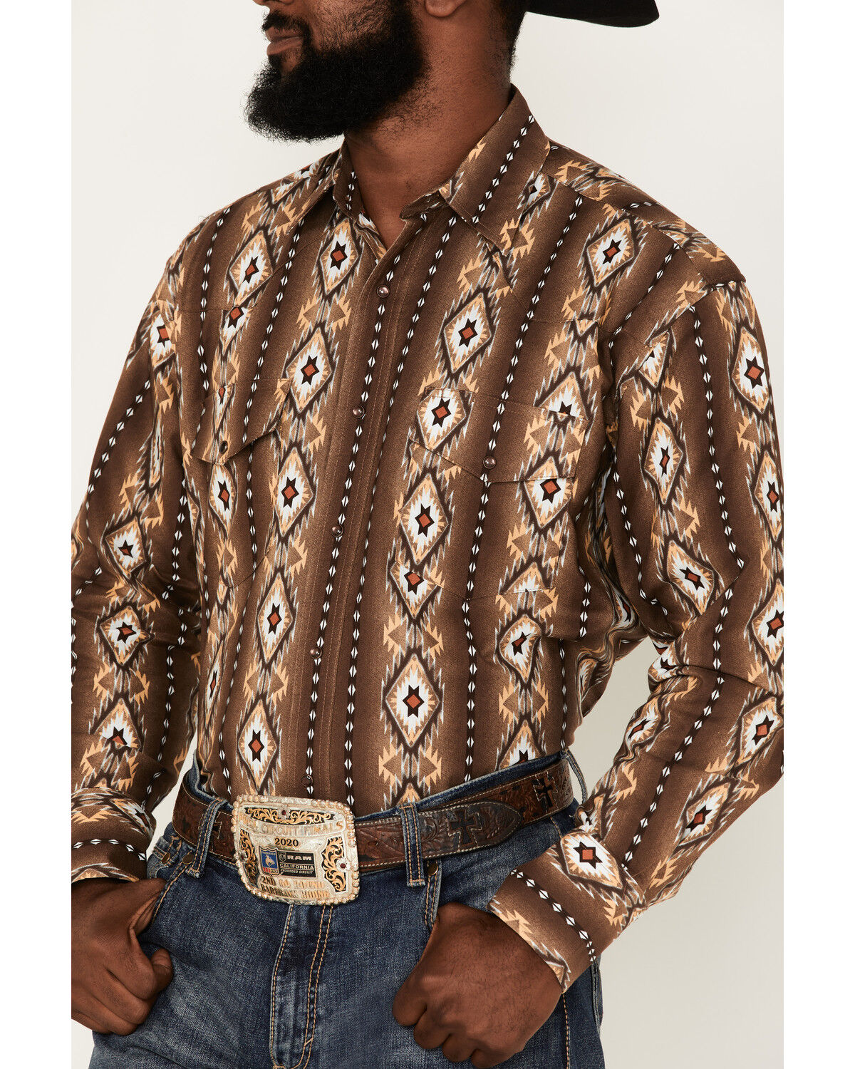 Image #3 - Wrangler Men's Checotah Southwestern Striped Long Sleeve Pearl Snap Western Shirt, , hi-res
