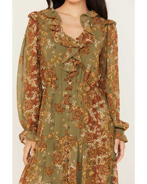 Image #3 - Miss Me Women's Long Sleeve Floral Tier Dress, Olive, hi-res