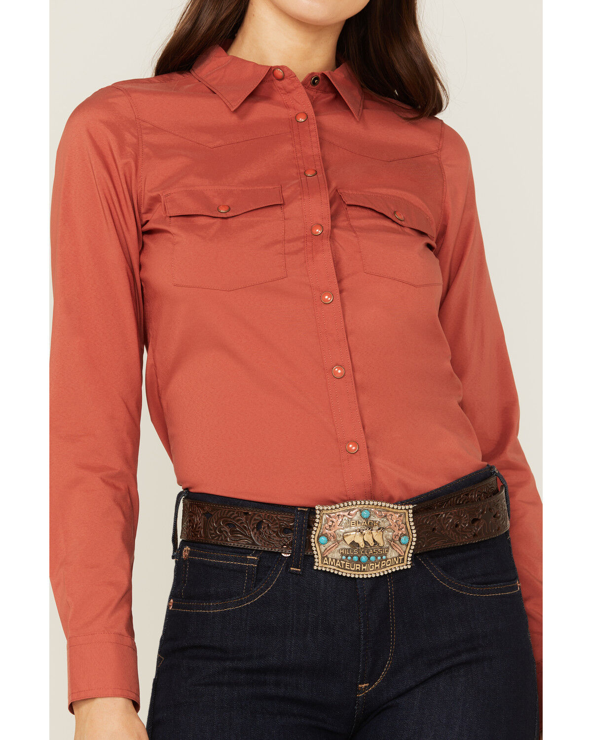 Image #2 - RANK 45® Women's Vented Performance Outdoor Long Sleeve Snap Western Shirt, Brick Red, hi-res