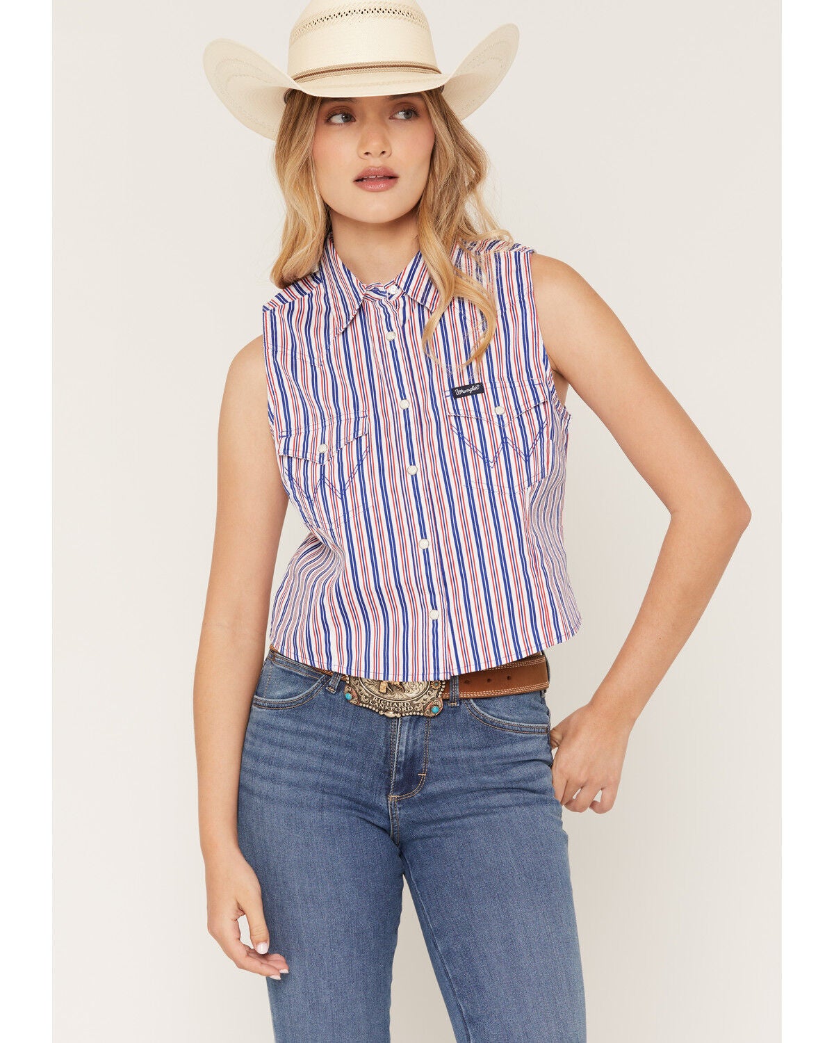 Image #1 - Wrangler Retro Women's Americana Striped Sleeveless Cropped Snap Western Shirt, Multi, hi-res