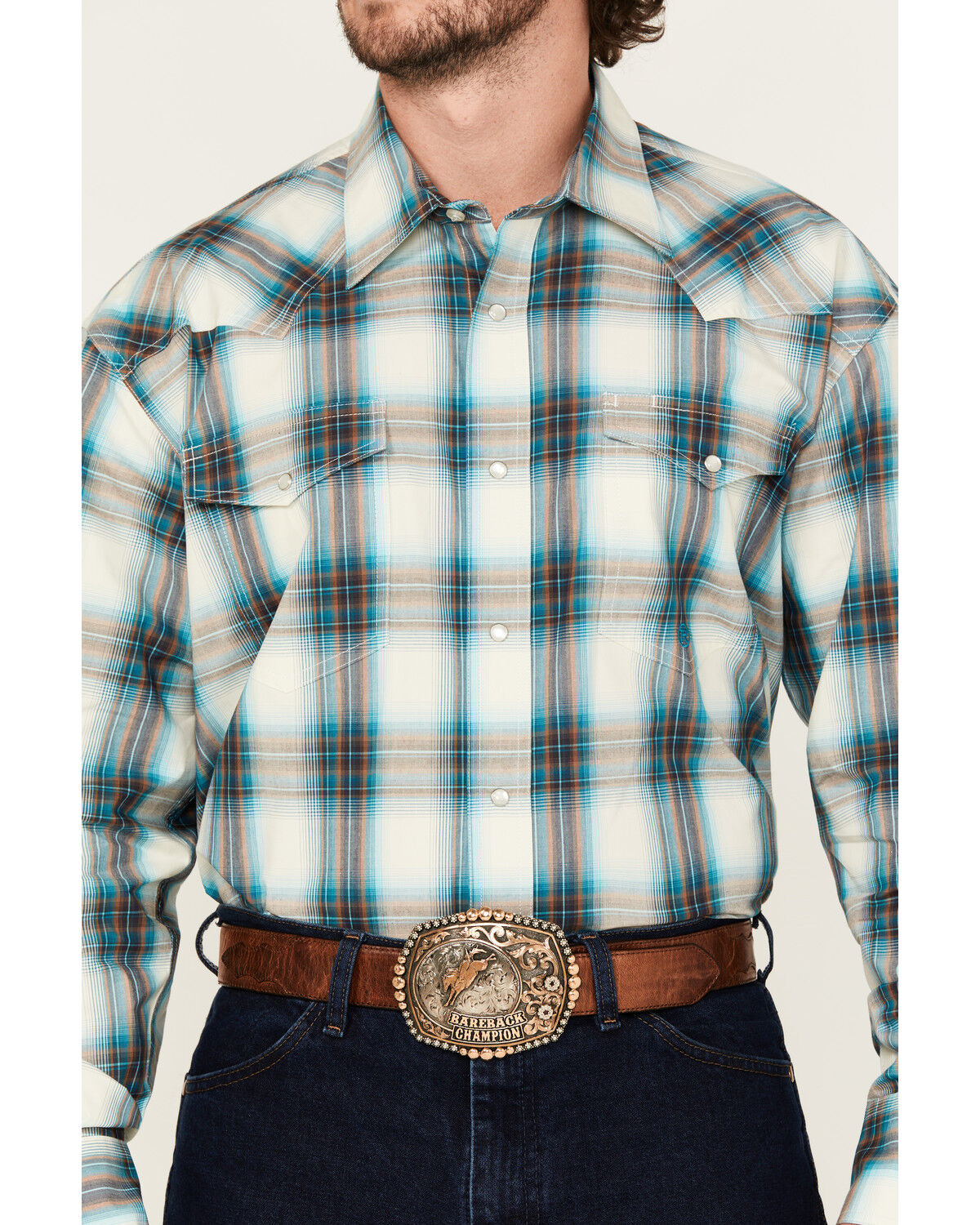 Image #3 - Roper Men's Amarillo Plaid Print Long Sleeve Snap Western Shirt, Turquoise, hi-res