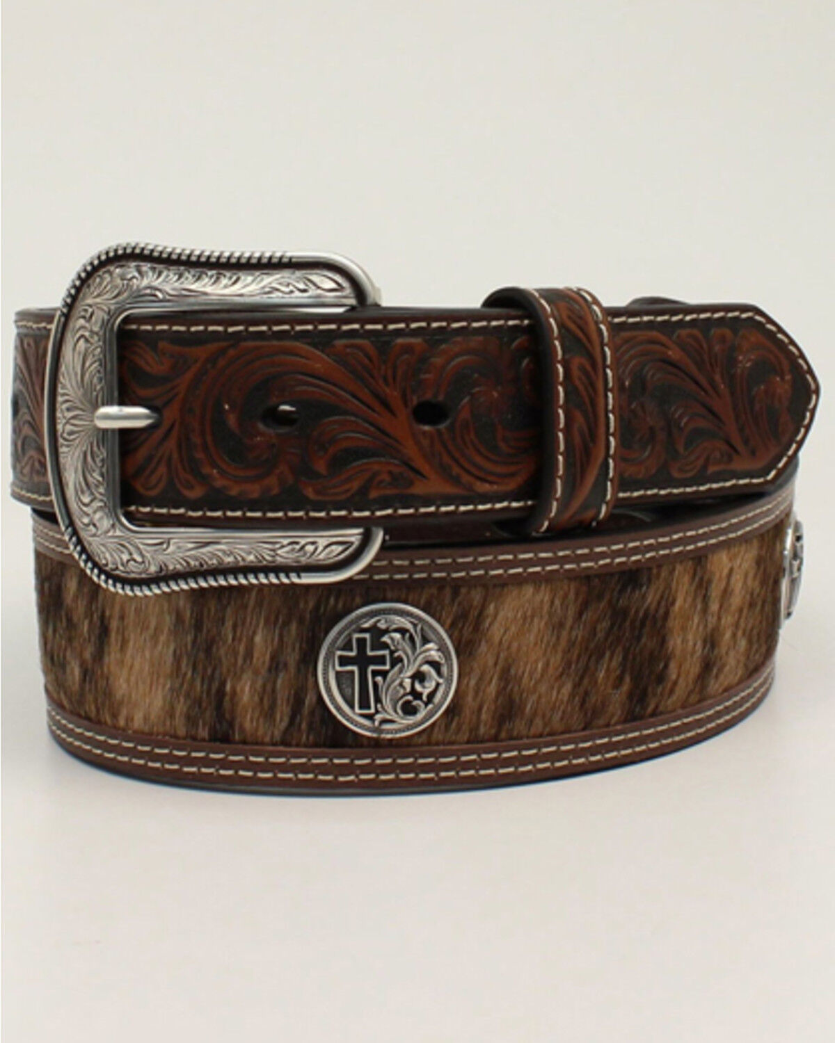 Image #1 - M & F Western Men's Brown Cross & Calf Hair Leather Belt, , hi-res