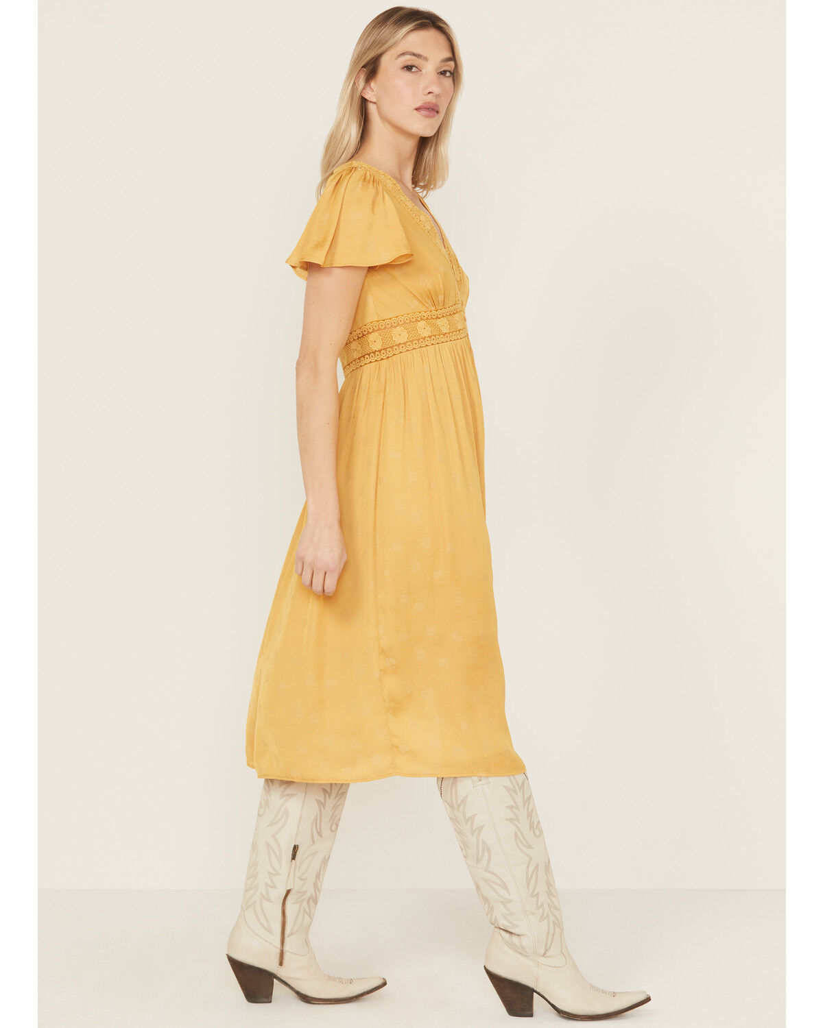 Image #2 - Beyond The Radar Women's Short Sleeve Floral Lace Midi Dress, Mustard, hi-res