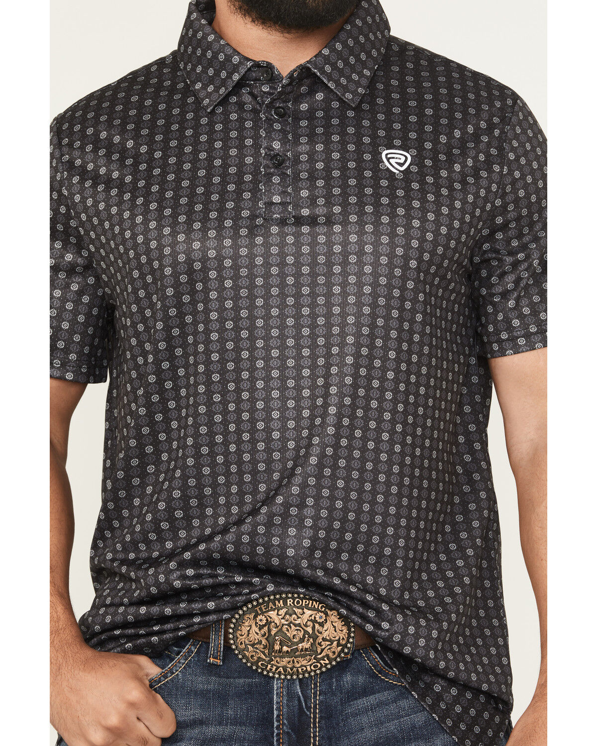 Image #3 - Rock & Roll Denim Men's Geo Print Short Sleeve Button-Down Stretch Polo Shirt, Black, hi-res